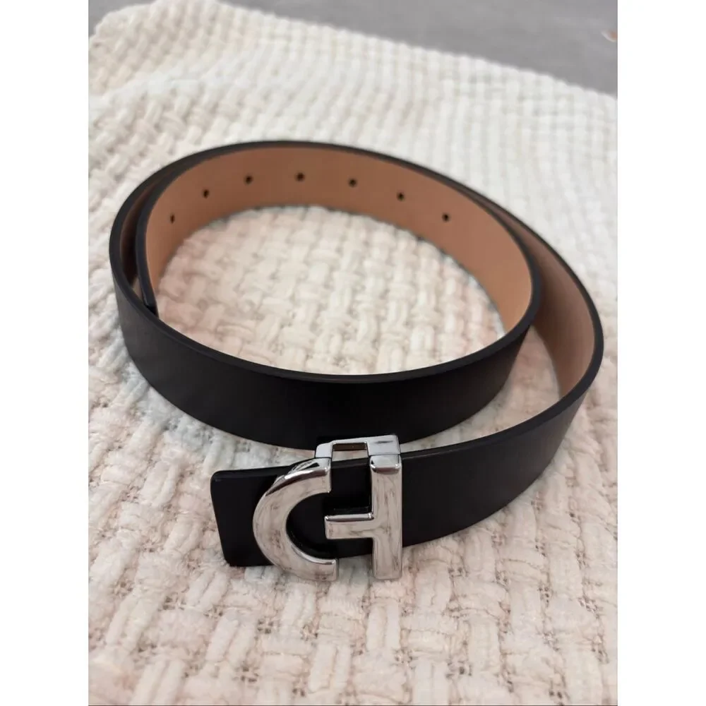 NEW Cole Haan Black Leather Logo Buckle Belt Quiet Luxury Minimalist Designer Wa